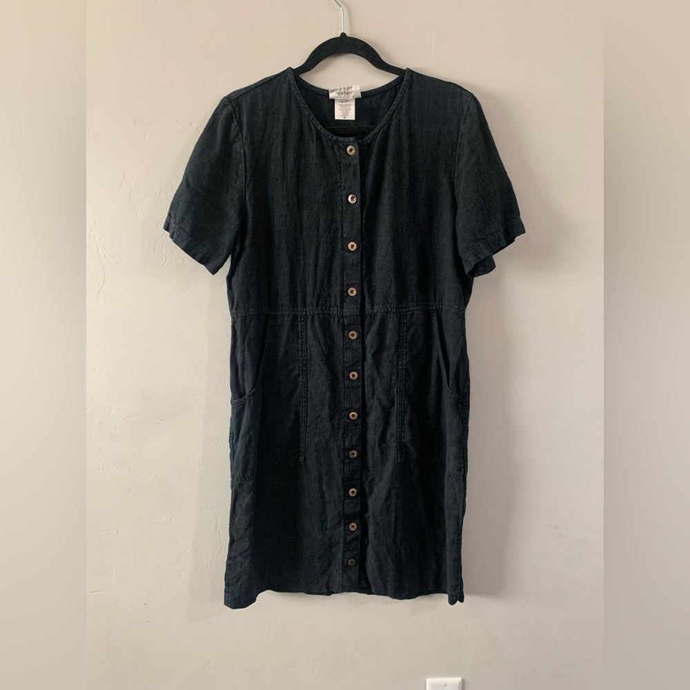 Vintage Mishi black 100% linen button front dress Medium